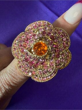 Park Lane Pink Crystal Flower Statement Ring Size 8 Gold